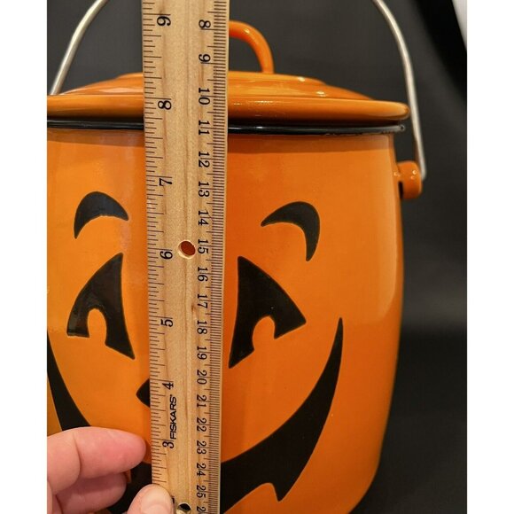 HALLMARK HALLOWEEN Orange Enamelware Pumpkin Jack-O-Lantern Metal Pail 10" w/LID - Picture 10 of 10